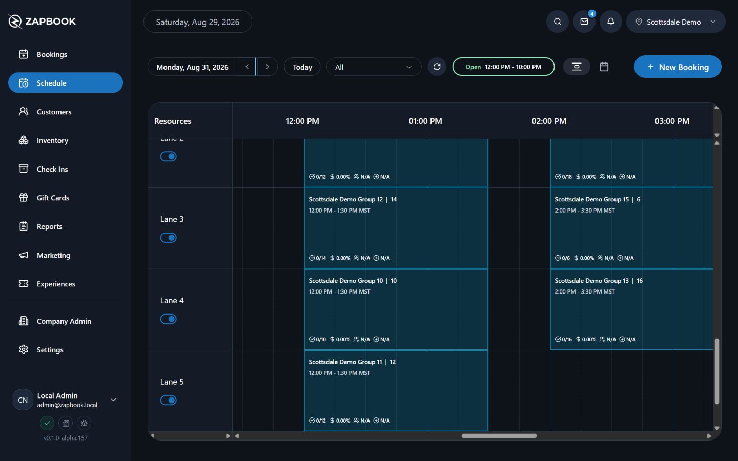 Zapbook lane scheduler with multiple simultaneous group bookings