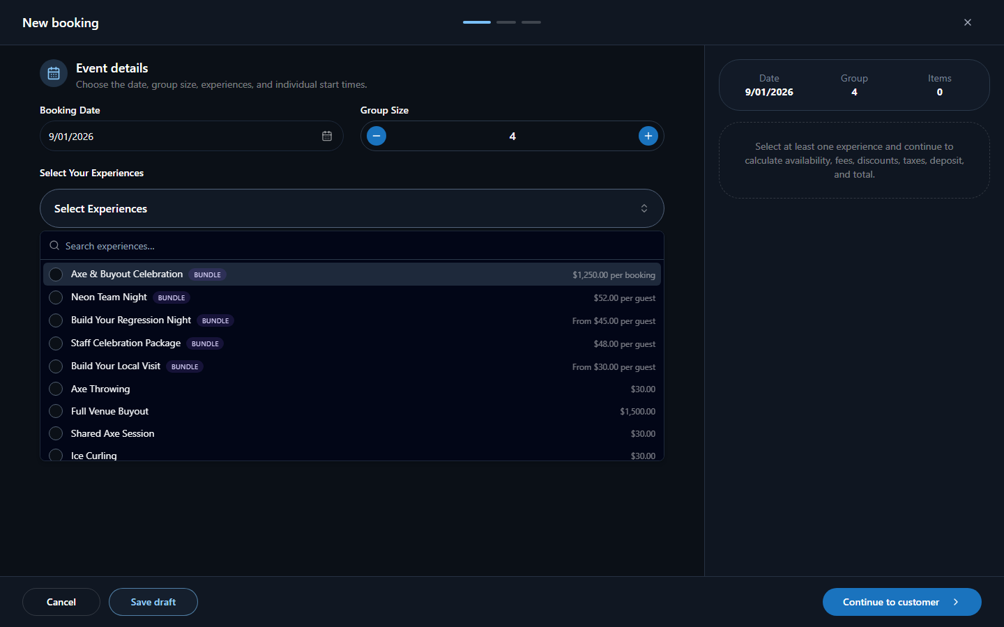 Zapbook new booking workflow showing packages and experiences